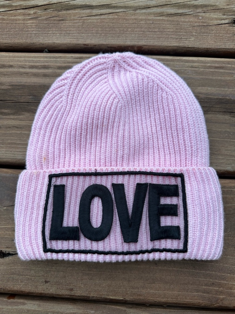 VERSACE Pink Knit Beanie with Black LOVE Patch